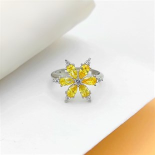 Gümüş Sarı Renkli Zirkon Taşlı Çiçek Model Ayarlanabilir Yüzük 925 Ayar